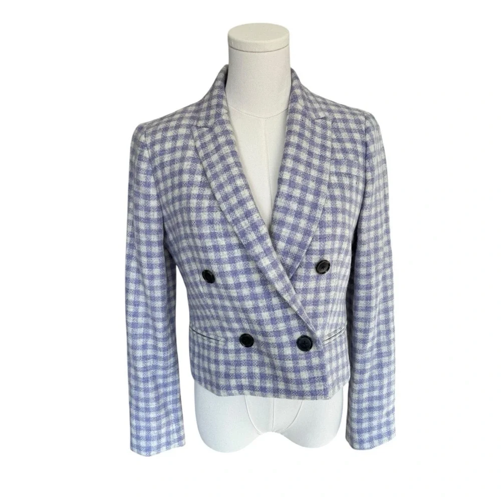 J. Crew - Purple Checkered Blazer Cropped Double Breast Blazer English Wool Sz 2
